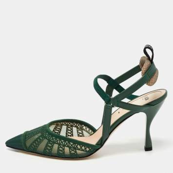 مملوكة مسبقًا Fendi Dark Green Mesh and Fabric Colibri Slingback Pumps Size 38.5