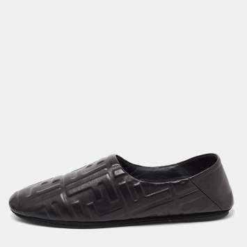Pre Owned Fendi Black FF Embossed Leather Slip On Flats Size 40