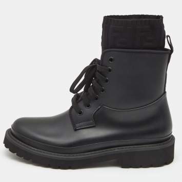 Pre Owned Fendi Black Rubber and Zucca Knit Fabric Ankle Boots Size 38
