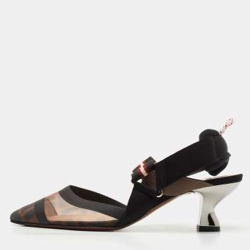 Pre Owned Fendi Brown/Black Mesh and Canvas Colibri Slingback Pumps Size 36.5