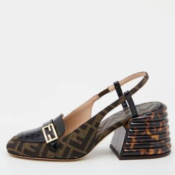 Pre Owned Fendi Tobacco/Black Croc Embossed Leather and Canvas Promenade FF Motif Slingback Sandals Size 37.5
