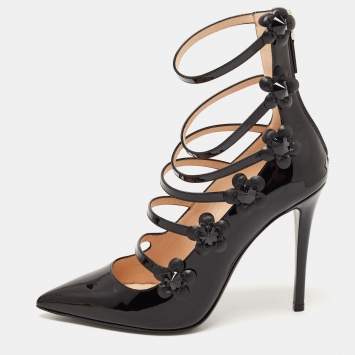 Pre Owned Fendi Black Patent Leather Flowerland Strappy Pumps Size 39
