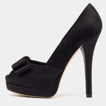 Pre Owned Fendi Black Satin Bow Peep Toe Platform Pumps Size 37