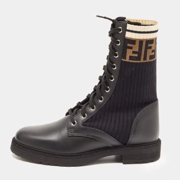 مملوكة مسبقًا Fendi Black  Leather And FF Motif Detail Stretch Fabric Rockoko Combat Boots Size 39