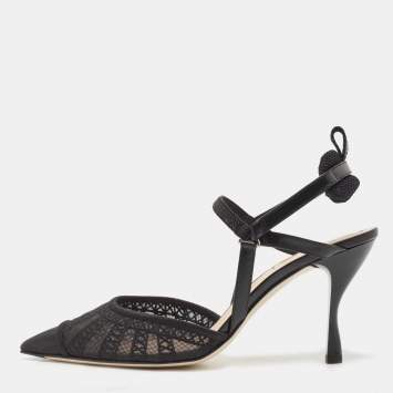 Pre Owned Fendi Black Lace and Leather Colibri Lite Slingback Pumps Size 40