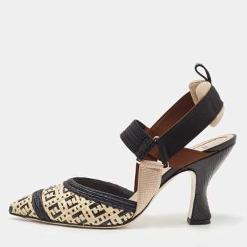 Pre Owned Fendi Black/Beige Raffia and Canvas Colibri  Pumps Size 40