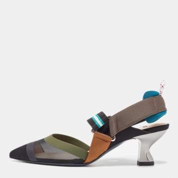 Pre Owned Fendi Multicolor Mesh and Canvas Colibri Slingback Pumps Size 35