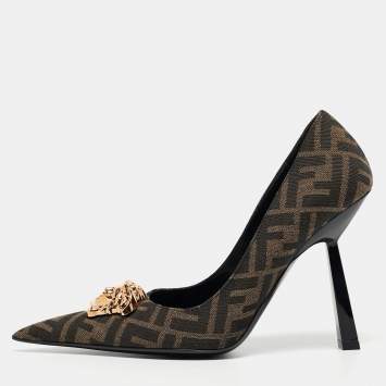 Pre Owned Fendi x Versace Fendace Brown Zucca Canvas Medusa Pumps Size 36.5