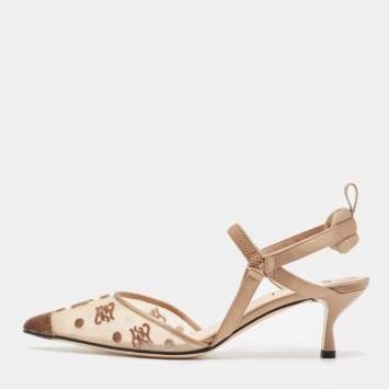 Pre Owned Fendi Beige Mesh and Satin Colibri Pointed Toe Slingback Pumps Size 36.5