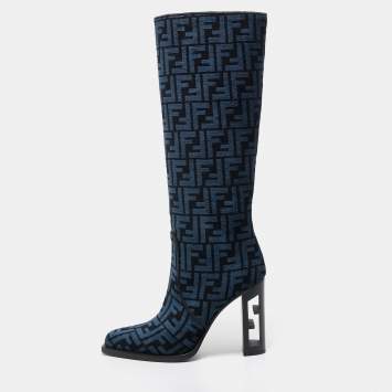 مملوكة مسبقًا Fendi Blue/Black FF Jacquard Chenille Knee Length Boots Size 37.5