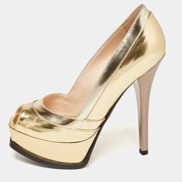 Pre Owned Fendi Gold Leather Fendista Peep Toe Pumps Size 36.5