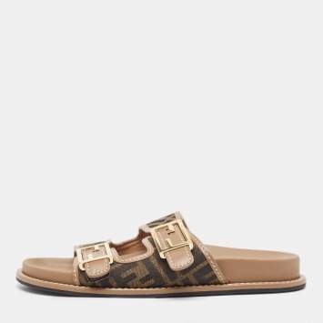 Pre Owned Fendi Brown Zucca Canvas and Leather FF Buckle Detail Slides Size 38