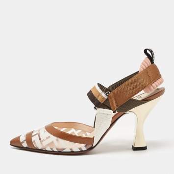 Pre Owned Fendi Brown/White PVC and Leather Colibri Slingback Pumps Size 40