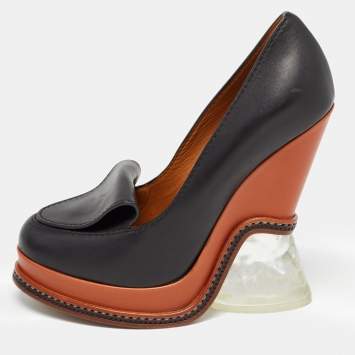 Pre Owned Fendi Black Leather Wedge Loafer Pumps Size 36