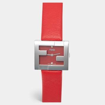 Pre Owned Fendi Fendimania F100101901 Red Dial Diamond Stainless Steel Leather Women's Wristwatch 24 mm