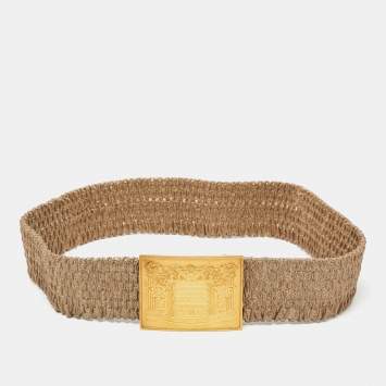 Pre Owned Fendi Gold Stretch Fabric and Leather Waist Belt 75CM