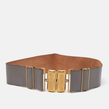 Pre Owned Fendi Grey Leather Wide Waist Belt 70CM