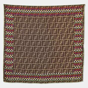 Pre Owned Fendi Brown Zucca Polka Dot Print Silk Scarf