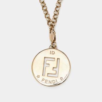 Pre Owned Fendi Gold Tone FF Identification Pendant Chain Necklace