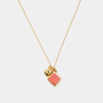 Pre Owned Fendi Red Enamel Cube Gold Tone Pendant Necklace