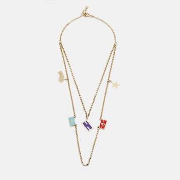 Pre Owned Fendi FF Multi Charm Enamel Gold Tone Necklace