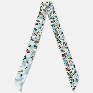 Pre Owned Fendi Teal Blue Printed Silk Bandeau Scarf
