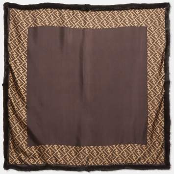 Pre Owned Fendi Brown Zucca Print Mink Fur and Silk Square Scarf
