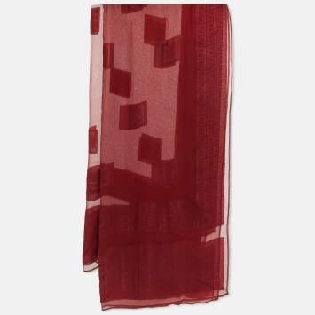 Pre Owned Fendi Red Logo Jacquard Silk Blend Scarf