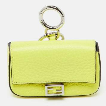 Pre Owned Fendi Neon Yellow Leather Nano Baguette Keychain/Bag Charm 