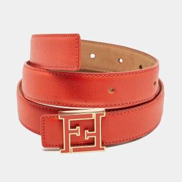 Pre Owned Fendi Orange Leather FF Logo Buckle Belt 85CM