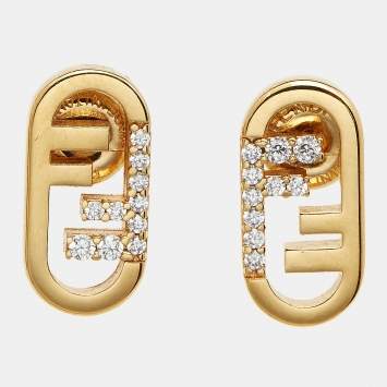 Pre Owned Fendi O'Lock Crystal Gold Tone Stud Earrings