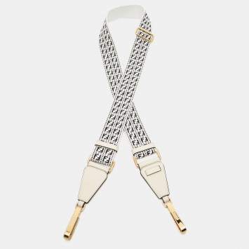 Pre Owned Fendi White/Black Zucchino Fabric and Leather Bag Shoulder Strap
