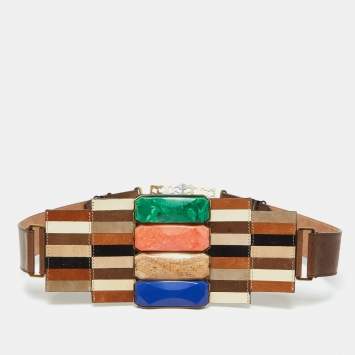 Pre Owned Fendi Brown Leather Mosaic Lapis Statement Belt 80CM