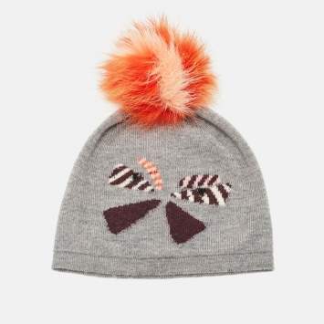 Pre Owned Fendi Grey Intarsia Wool Pom Pom Beanie