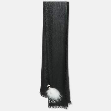 Pre Owned Fendi Black Karlito Fox Fur Applique Silk and Wool Shawl 