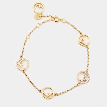 Pre Owned Fendi F is Fendi Crystal Logo Gold Tone  Station Bracelet