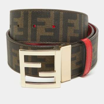 Pre Owned Fendi Brown/Red Zucca Coated Canvas and Patent Leather FF Logo Belt 85 CM
