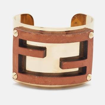 Pre Owned Fendi Zucca Leather Gold Tone Open Cuff Bracelet