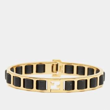 Pre Owned Fendi Black Leather Interwoven Gold Tone Cuff Bracelet  S