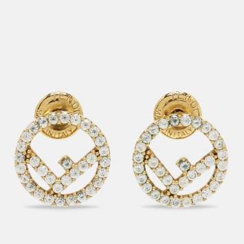 Pre Owned  Fendi F is Fendi Crystal Gold Tone Stud Earrings