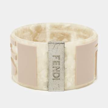 Pre Owned Fendi Logo Resin Silver Tone Bangle Bracelet