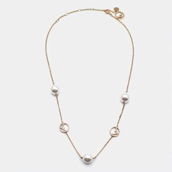 Pre Owned Fendi Faux Pearl Crystal Gold Tone Station Necklace 