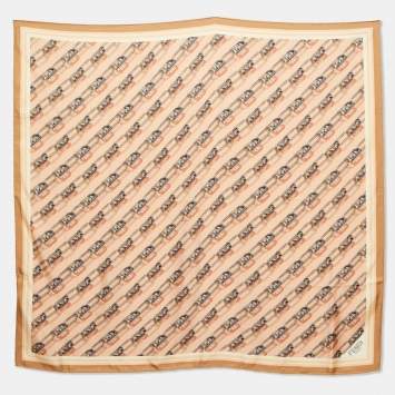 Pre Owned Fendi Chain Link Peach Grey Silk Sqaure Scarf