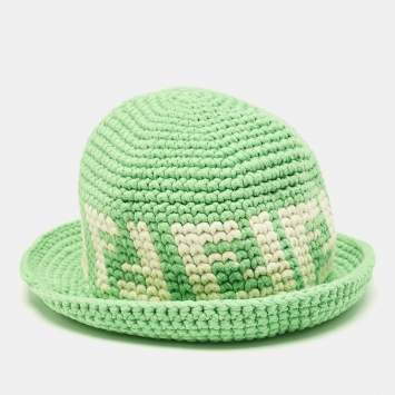 Pre Owned Fendi Green Logo Crochet Bucket Hat S/M
