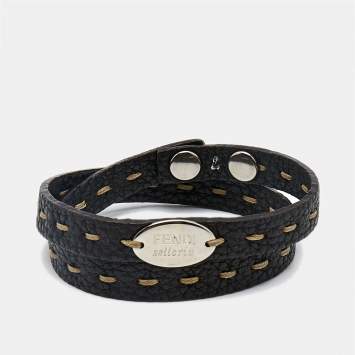 Pre Owned Fendi Selleria Brown Leather Silver Tone Bracelet 7