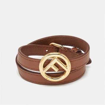 Pre Owned Fendi F Is Fendi Brown Leather Gold Tone Double Wrap Bracelet S