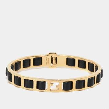 Pre Owned Fendi Fendista Black Leather Gold Tone Bracelet 