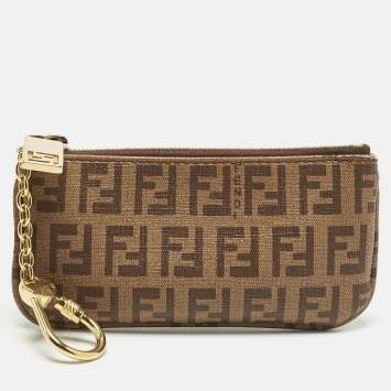 Pre Owned Fendi Beige Zucchino Coated Canvas Key Chain Pouch