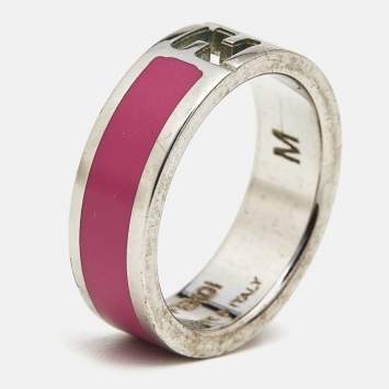 Pre Owned Fendi The Fendista Bi-color Enamel Silver Tone Band Ring Size 54