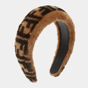 Pre Owned Fendi Brown Zucca Monogram Shearling Headband